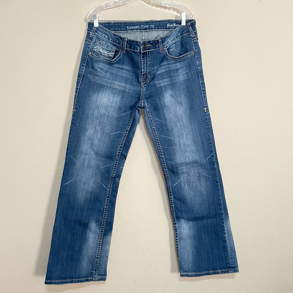 Womens Cowgirl Tuff Don't Fence Me‎ In Blue Denim Boot Jeans Size 35x31